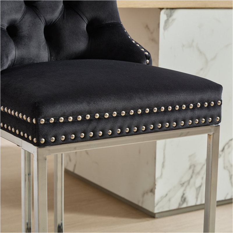 25" Counter Height Bar Stools Set Of 2, Modern Velvet Barstools With Button Back&Rivet Trim Upholstered Kitchen Island Chairs With Sturdy Chromed Metal Base Legs Farmhouse Bar Stools,