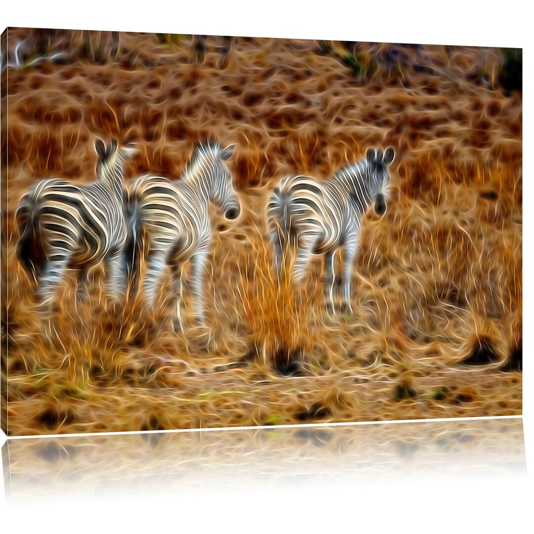 Leinwandbild Zebraherde im Wildgras in Braun/Creme/Schwarz