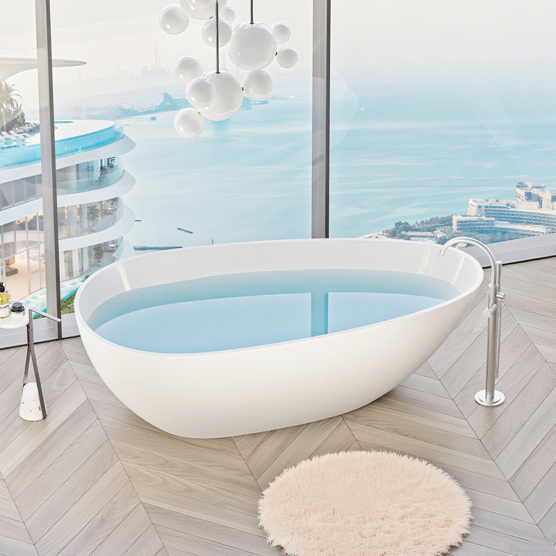 Luxury Glossy White 59" Freestanding Soaking Bathtub Of Solid Surface, Comfortable Sitting Angle, - Stain Finish, Rapid Water Removal Surface With Appearance, Wide Stretch Room, Pop Up Drainage, Good