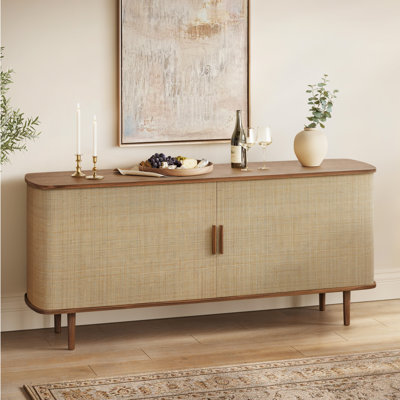 Buffet Savannah de 71 po en rotin entièrement assemblé avec portes coulissantes et tablettes réglables - Buffet Mid-Century moderne et crédence (noyer)