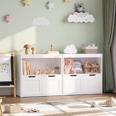 Kids Storage Cabinet with Open Compartment and 2 Pull-Out Drawers, Wooden Toy Organizer Bookcase, Freestanding Children Storage Chest for Nursery, Playroom, Kids Bedroom