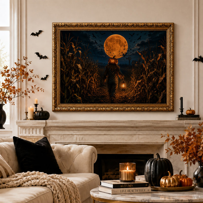 Épouvantail à tête de citrouille dans un champ de maïs pour l'Halloween - Tableau sur toile, 20"H x 30"W
