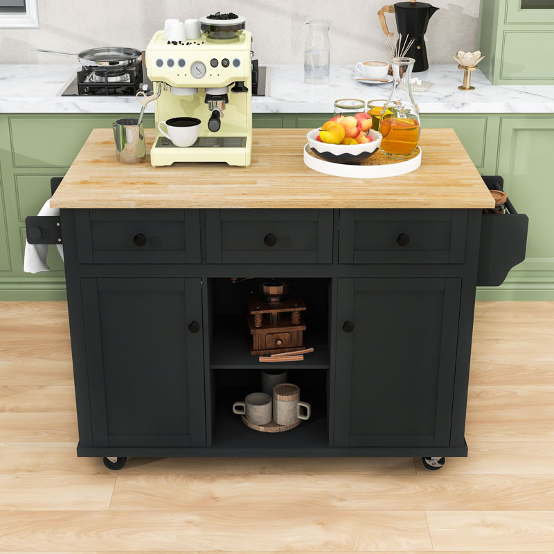 Modern Rolling Wooden Kitchen Cart with Storage Cabinets, Drawers and Drop-Leaf, Black
