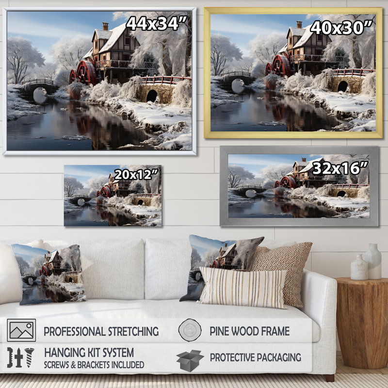«White Blue Mill In Winter», reproduction sur toile, Cadre simple noir, H 30 po x l 40 po x P 1,5 po