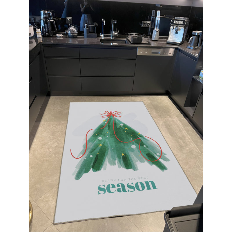 Tapis vert et beige à motif d'arbre à motif de Noël «Season», Rectangle 4 pi 11,06 po x 7 pi 6,55 po