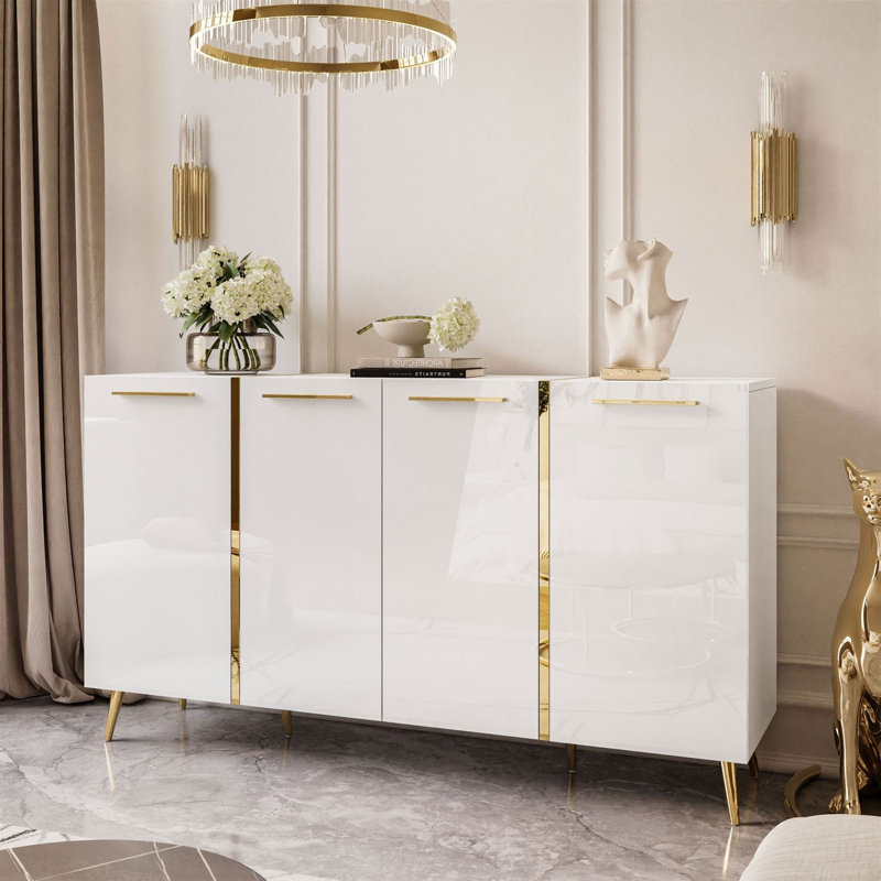 Sideboard ONYX 4D 158 cm white/ white gloss with handles on gold legs, White Gloss