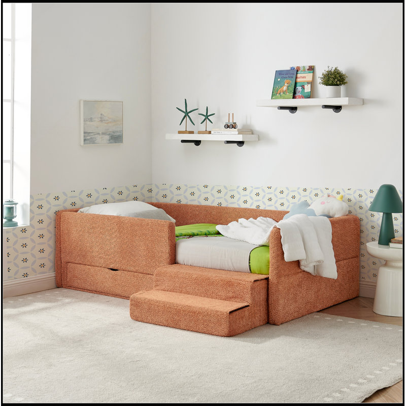 Lit pour enfant multifonctionnel simple et confortable avec garde-corps et rangement, Orange