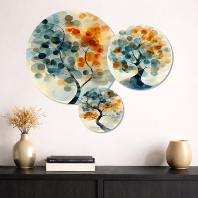 Abstrait orange et bleu, arbre I, ensemble d'arbres muraux en métal Basswood