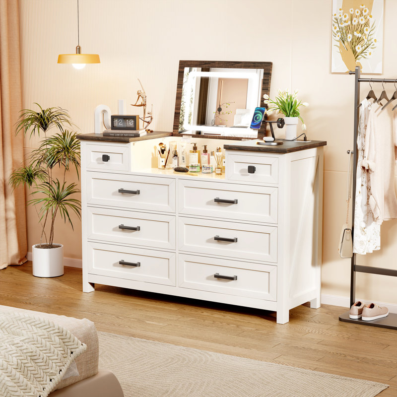 Commode 8 tiroirs avec miroir, coiffeuse de maquillage Cale