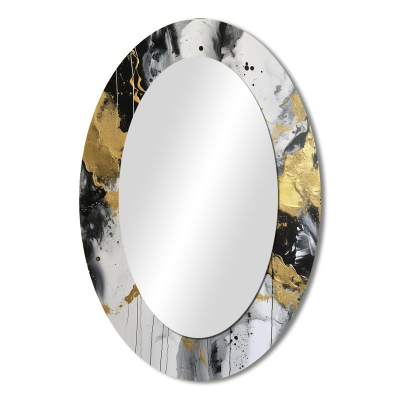 River Happiness Abstract Gold Black White I - Modern Oval Wall Mirror, 36" x 24"