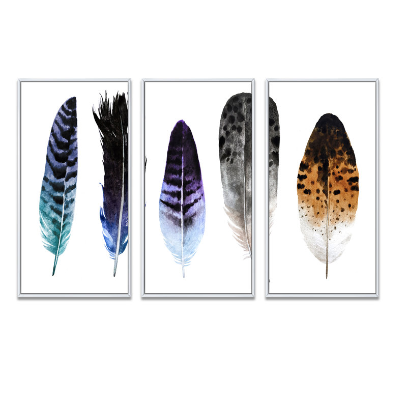 «Colorful Boho Feathers II», peinture sur toile flottante 3 pièces, L 36 po x H 20 po, Cadre blanc