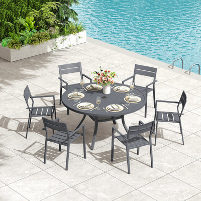 Round Patio Dining Set with 48" Round Metal Dining Table and 6 Metal Armrest Dining Chairs