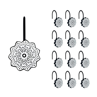 Ensemble de 12 anneaux de rideau de douche médaillon noir et blanc, résine, décoration de salle de bain fleur de boho mandala