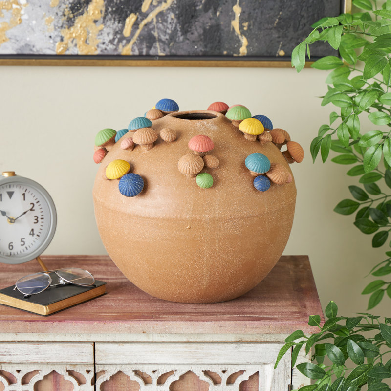 Cole And Grey Ceramic Round Wide Decorative Vase With Multicolor Accents And White Speckles