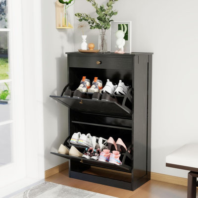 Armoire à chaussures avec 2 tiroirs rabattables, organisateur de chaussures dissimulé mince et autoportant avec tiroir, armoire de rangement à l'épreuve des animaux de compagnie pour le salon d'entrée derrière la porte