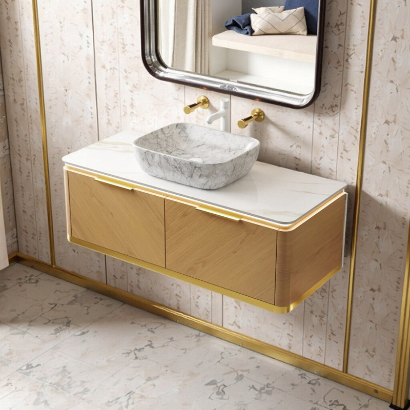 Meuble-lavabo flottant 48 po avec capteur de lumière et lavabo vasque en marbre - Tiroirs à fermeture en douceur, comptoir de luxe, armoire de rangement pré-assemblée