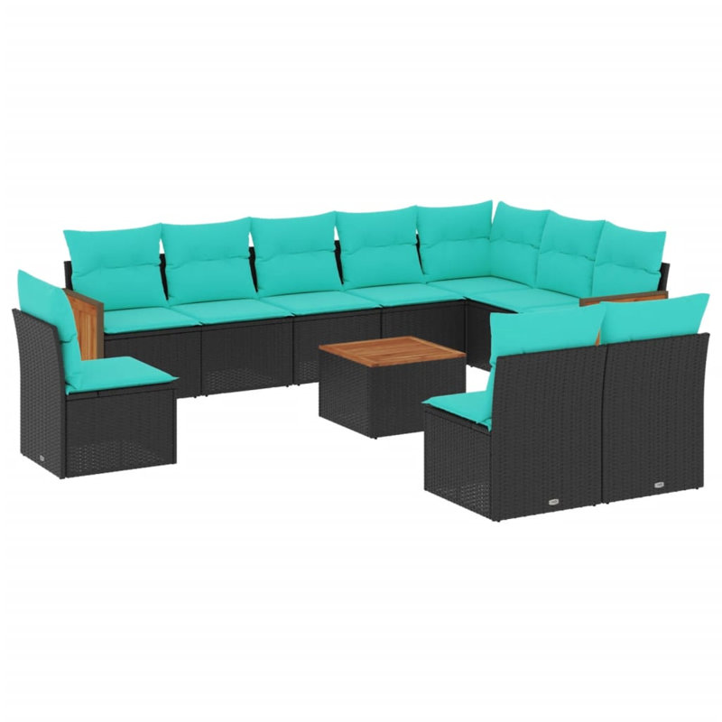 Ensemble de canapé de patio 11 pièces avec coussins en rotin de polyester, Bleu clair, Noir