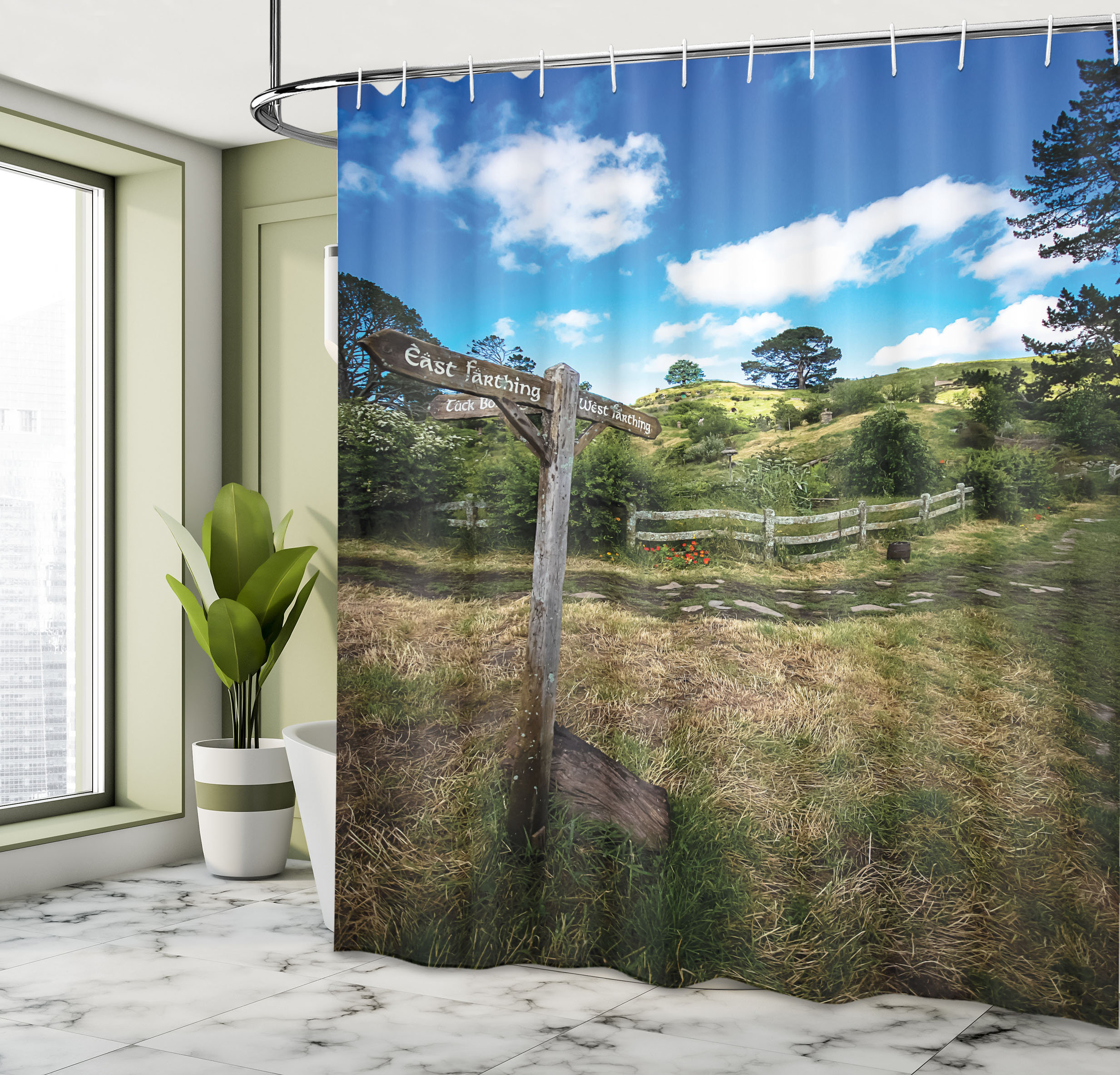 East Urban Home Hobbits Shower Curtain Hobbit Land East West Green
