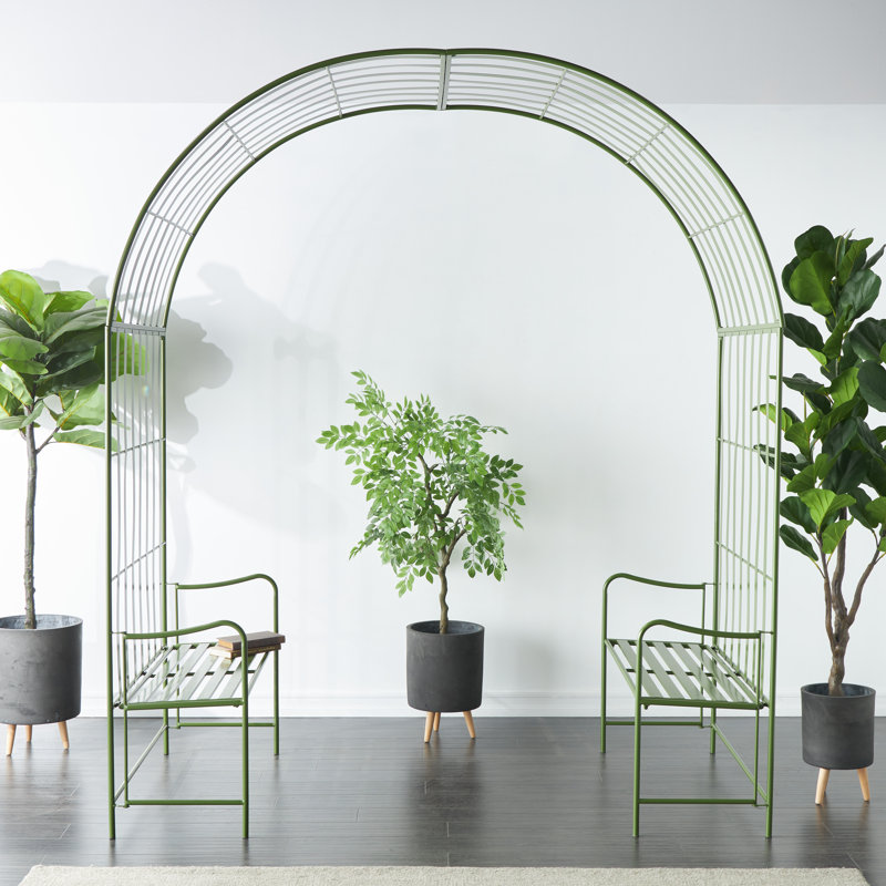 Grande tonnelle de jardin arquée en métal Cole et gris avec 2 bancs attachés