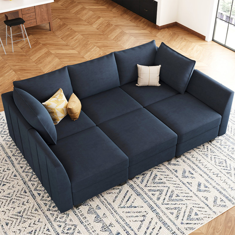 Canapé modulaire en L 7 pièces Allinson, Velours bleu