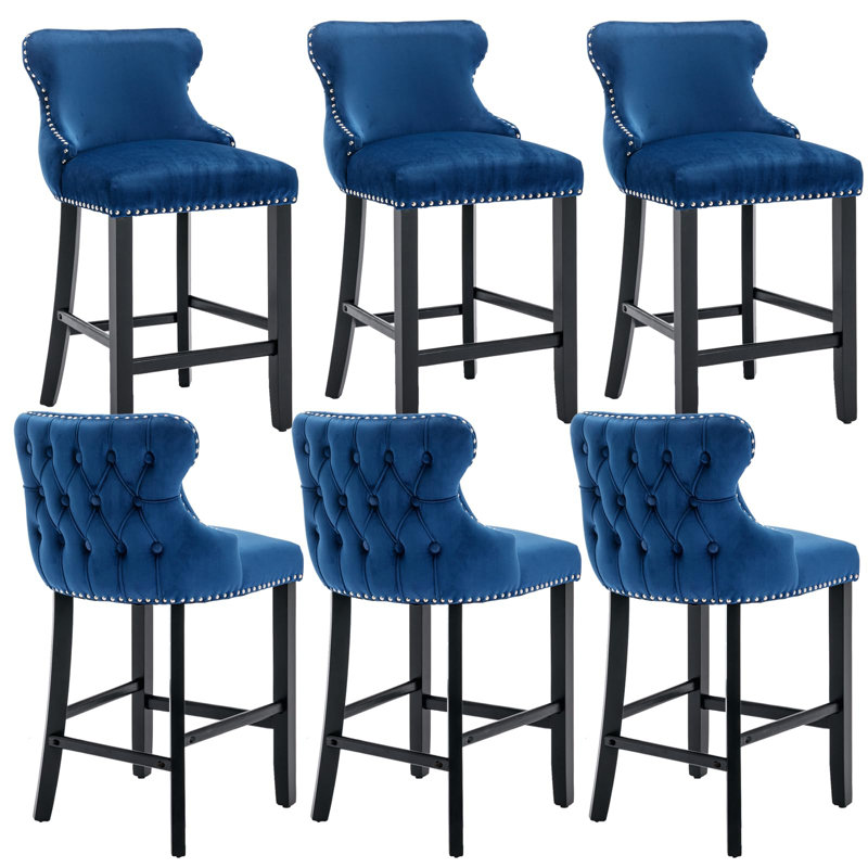 Velvet Upholstered Solid Wood Kitchen Bar Stools  (Set of 6), Blue