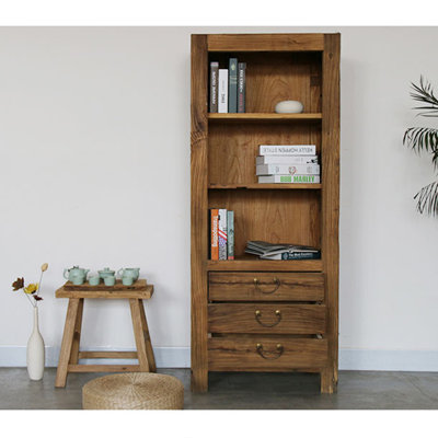 Modern Minimalist Old Elm Wood Three-Drawer Storage Bookcase