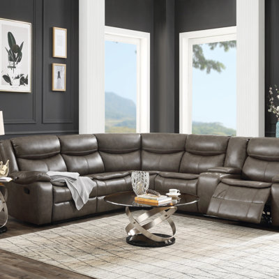 Tavin Taupe Faux Leather Manual Recliner Sectional Sofa W/ Cupholder Console