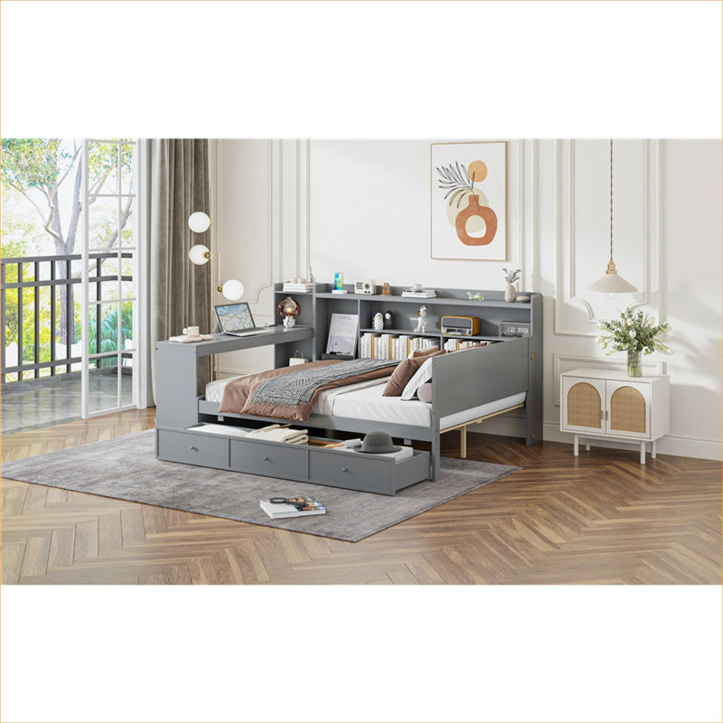 Sleek Silhouette Wooden Daybed Frame Small Space Bedroom Classic Gray Full Size With Storage And Desk