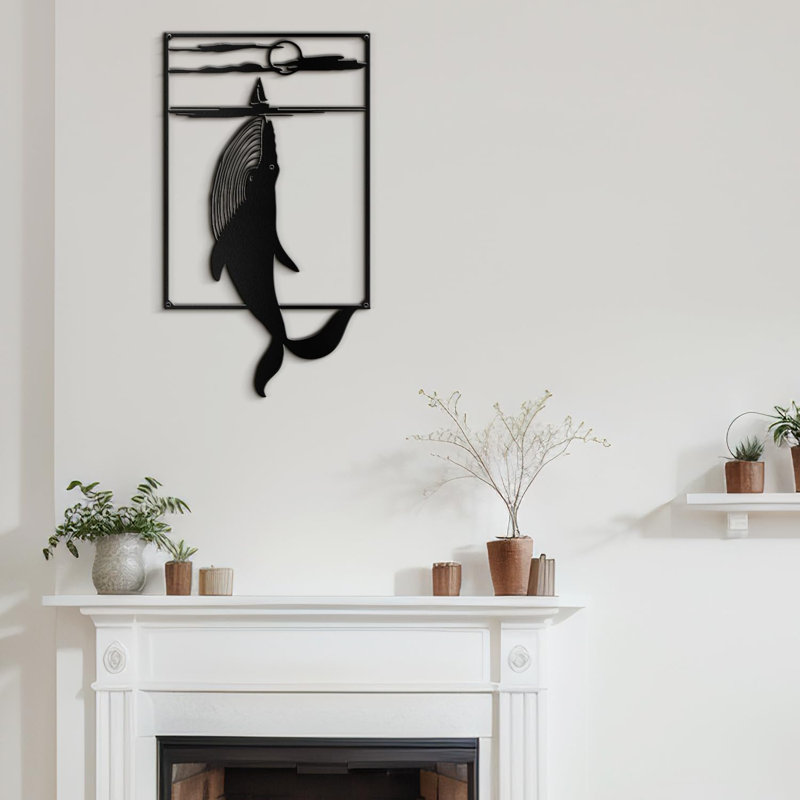 Décoration murale en métal baleine minimaliste moderne abstrait décoration murale, H 36 po x l 24 po x P 0,05 po, Noir