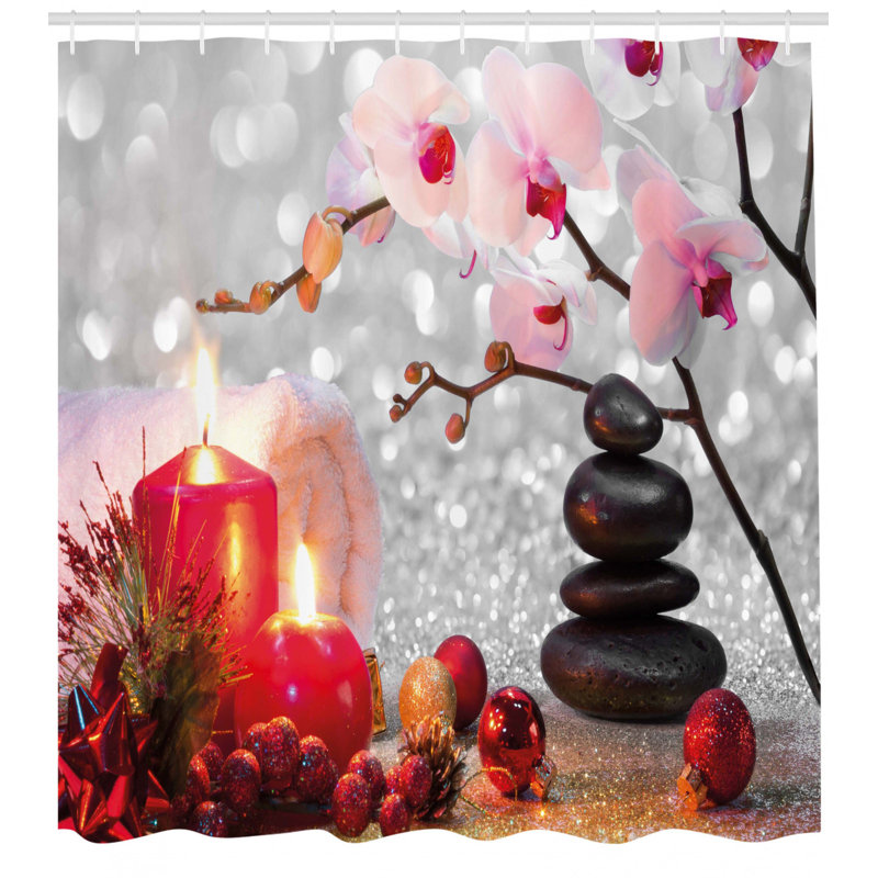 Christmas Spa Shower Curtain with Pink Orchid and Red Candles