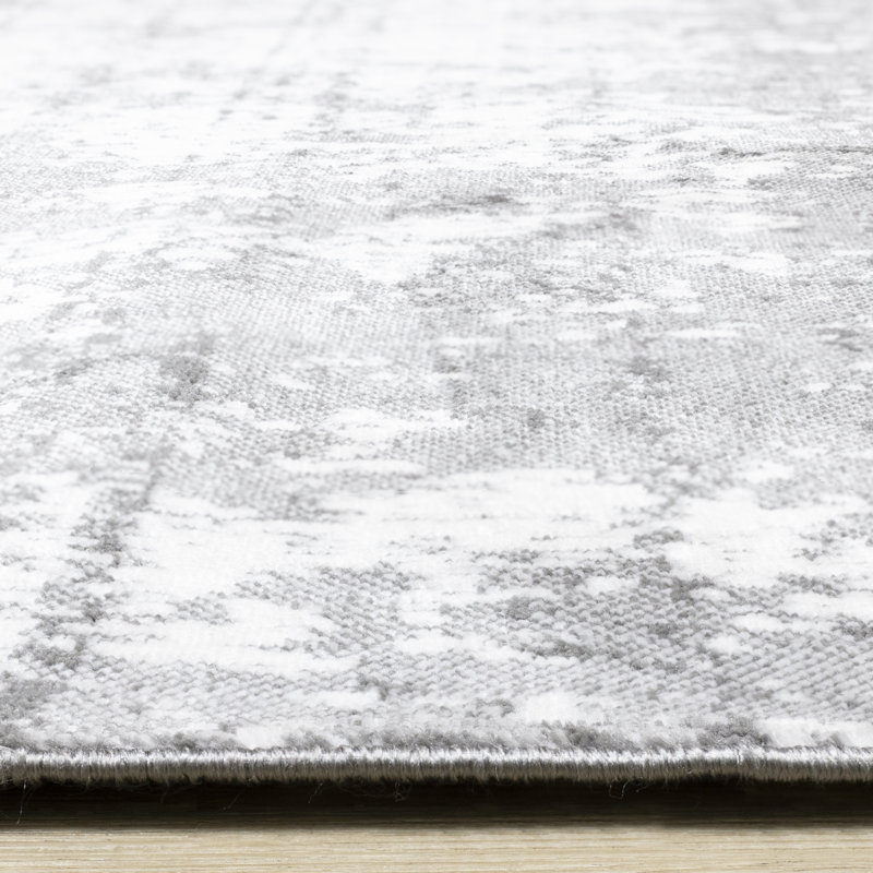 Ishant Washable Grey White Abstract Area Rug, Rectangle 5'3" x 7'7"