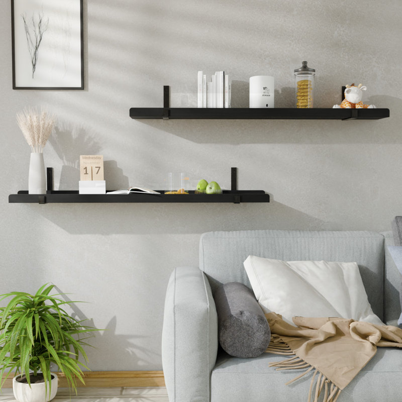  Pine Natural Wood Floating Shelves With Lip, 36 Inches Long Reclaimed Wood Floating Shelves For Wall Storage, Set Of 2 Diy U-shaped Wooden Floating Shelf For Living Room, Bedroom, Kitchen, Black.