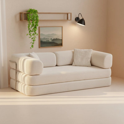 Convertible Sleeper Sofa Bed | Pull-Out Bed, Space-Saving Love Seat with High-Rebound Density Sponge Cushions, Foldable Modern Couch for Living Room, Apartment, Guest Room - No Assembly, Corduroy Fabric,With 2 Pillows