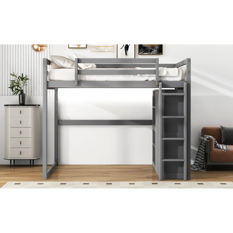 Lit mezzanine double avec garde-robe intégré, tablettes en bois à DEL, tablettes de rangement en bois gris, lecture