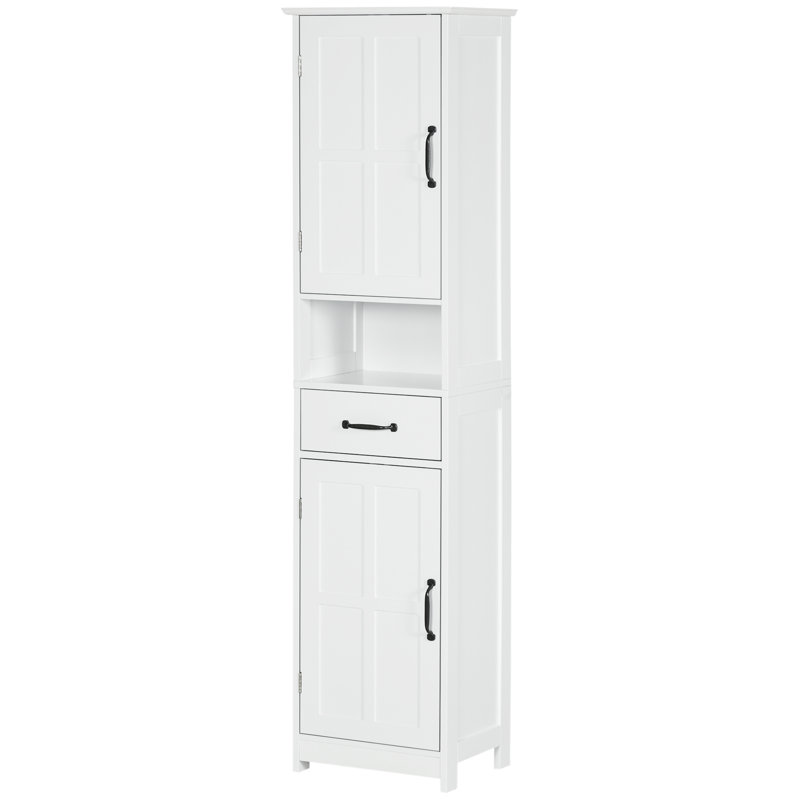 Armoire de rangement mince, armoire de salle de bain haute, tour à linge avec tablette ouverte, tiroir, portes encastrées et tablettes réglables, blanc