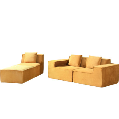 Spacieux velours côtelé modulaire avec coussins, jaune, configuration simple avec coussins au gingembre, configuration facile, confort pour se prélasser
