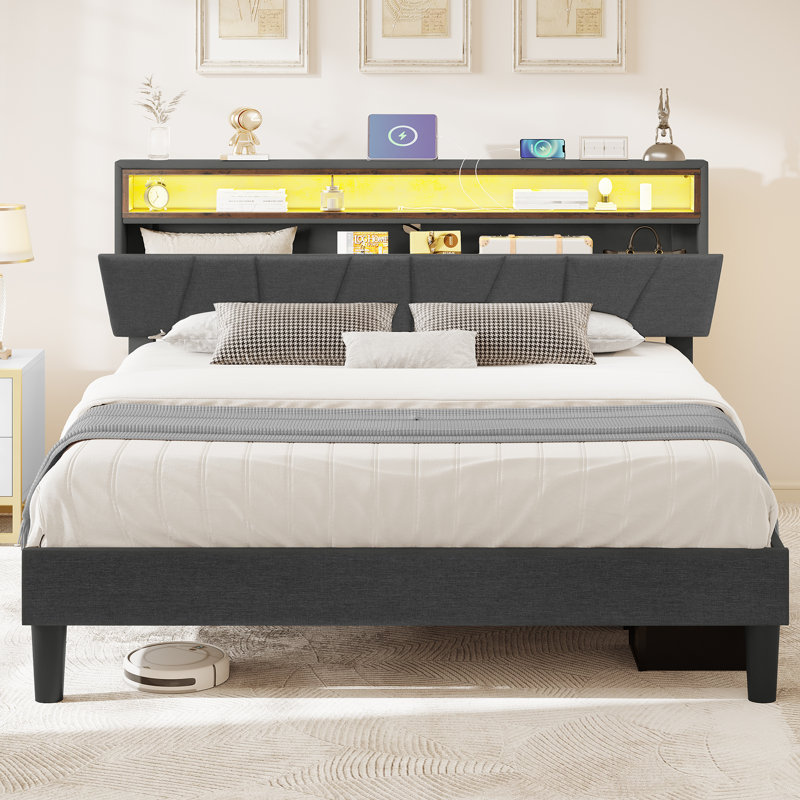 Branae Cushioned Flat Storage Bed with Storage Headboard and LED Lights, Cushioned Bed with Sockets and USB Ports, Gray