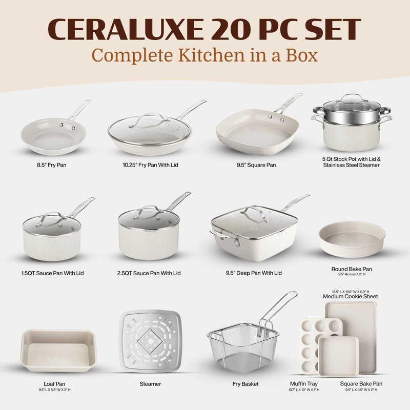 Granitestone Ceraluxe 20 Piece Beige Ceramic Nonstick Cookware And Bakeware Set, Beige