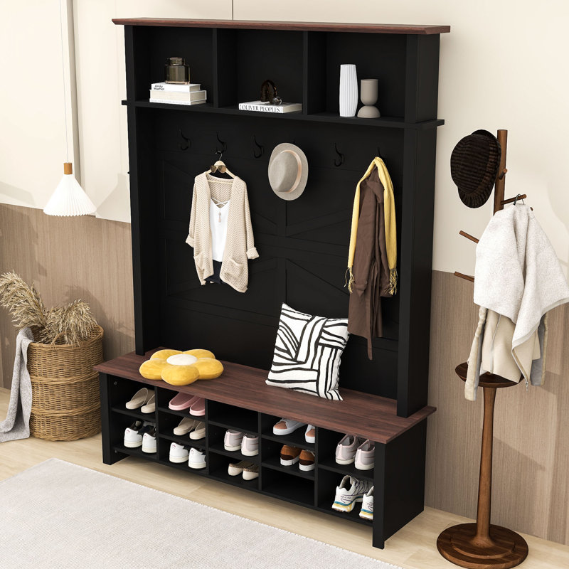 4-in-1 Hall Tree with Bench, Adjustable Shelves, Shoe Organizer, 6 Hooks and Umbrella Rack, Black