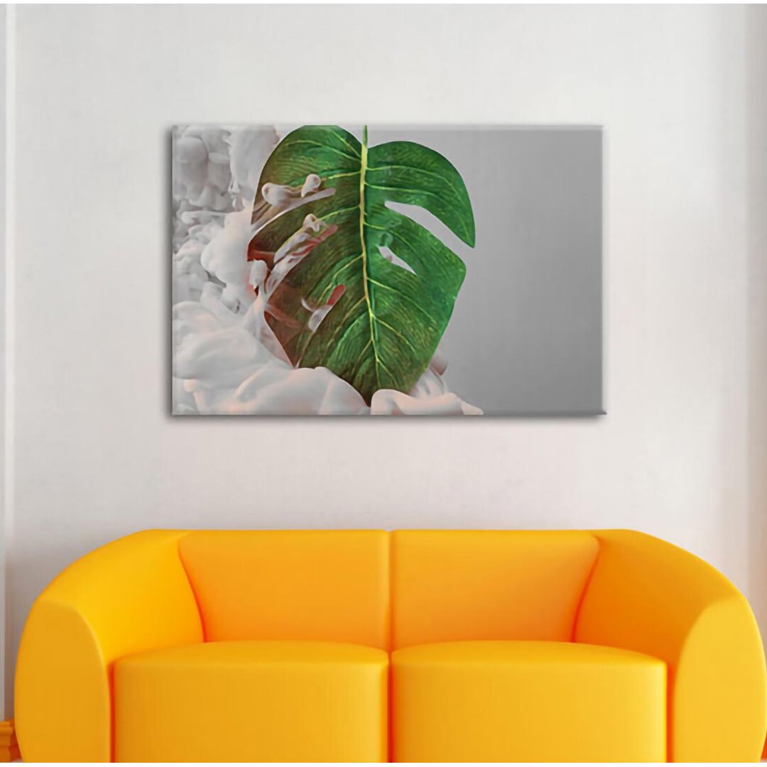 Leinwandbild Monstera Blatt mit Paste Wolke B&W Detail