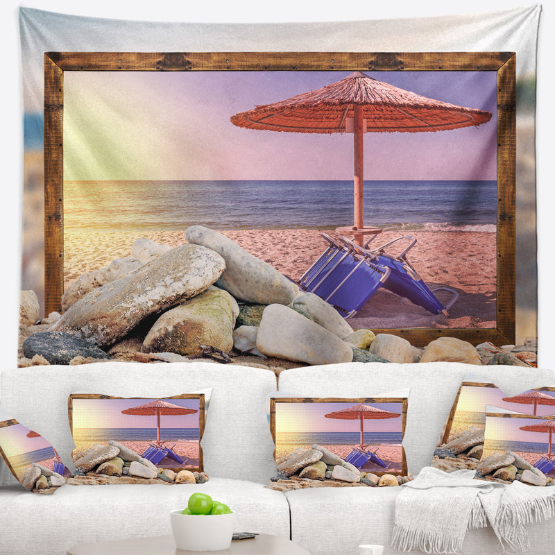 Tapisserie coucher de soleil en mer à effet encadré mer, H 32 po x l 39 po
