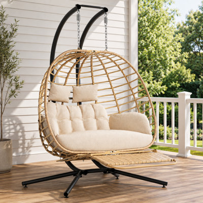 Ecolounge Modern PE Wicker & Fabric 2-Person Egg Swing Chair with Stand & Footrest