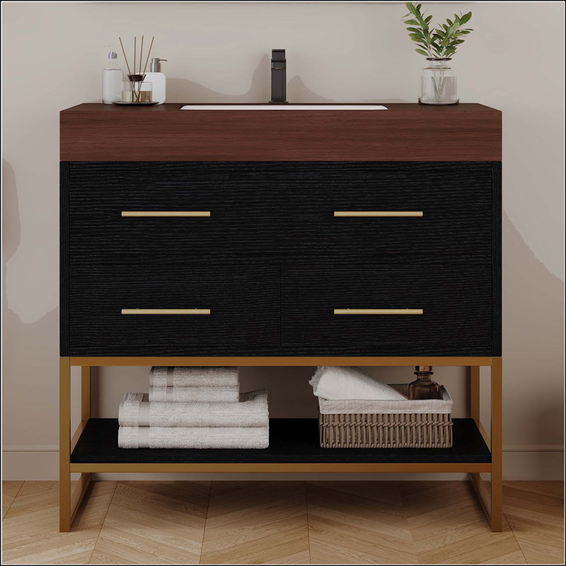 Meuble-lavabo moderne 36 po avec plateau en pierre frittée, Noyer