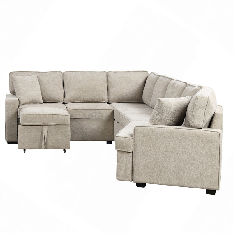 126" L-Shaped Sofa Sectional Sofa Couch Pull-Out Sofa Bed With Charging Devices And Cup Holders For Living Room
