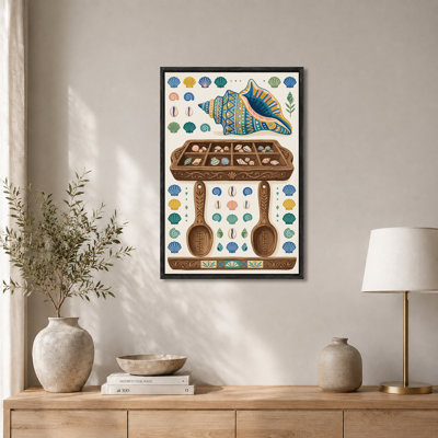 Patterned Conch Shell and Wooden Tray with Seashells Canvas Wall Art