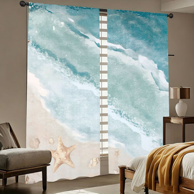 2Pcs Beach Ocean Wave Starfish Shell Print Curtains, Artistic Seaside Summer Theme, Light Filtering and Privacy Protection, Rod Pocket Design, for Living Room, Bedroom, Balcony, Kitchen Home Decor