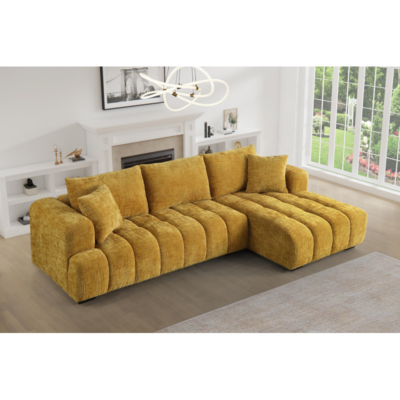 Modern Tufted Sectional Right-chaise Sofa , Chenille jaune gingembre, Orienté à droite, H 34,2 po x l 109,4 po x P 62,5 po
