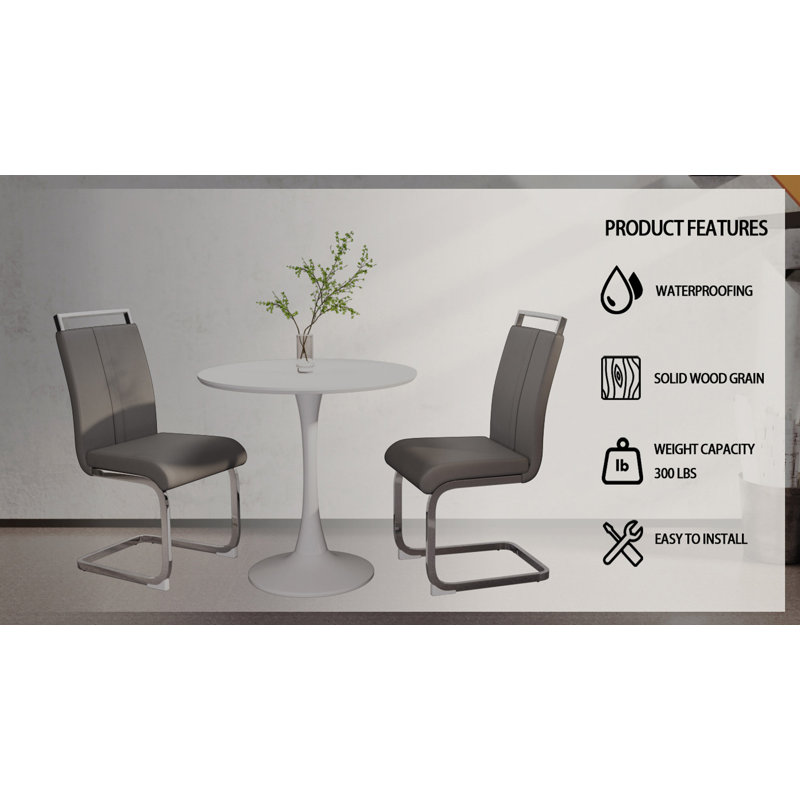 Circular Dining Table, Dining Table, Kitchen Dining Table For, MDF Tabletop And Base, And 2 PU Plating Silver Metal Leg Dining Chair Set 2