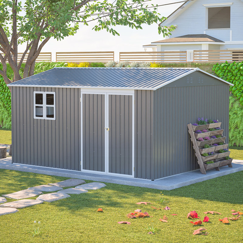 Remise de rangement extérieure en métal durable de 12 x 10 pi, imperméable et résistante à la rouille pour les outils et l'équipement de jardin