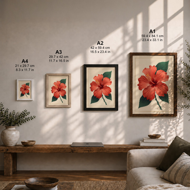 Coral Hibiscus Study Botanical - Framed Print, A4 - 29.7 x 21.0 cm, Black